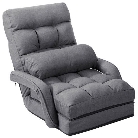 Folding Lazy Floor Chair Sofa with Armrests and Pillow, Gray Floor Chairs Gray at Gallery Canada