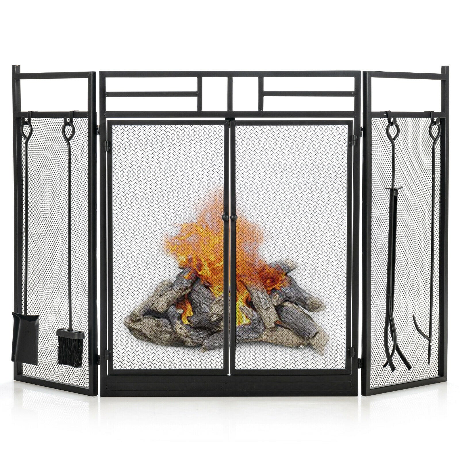 3-Panel Wrought Iron Fireplace Screen, 4 Tools Set, Black Fireplace Tools at Gallery Canada