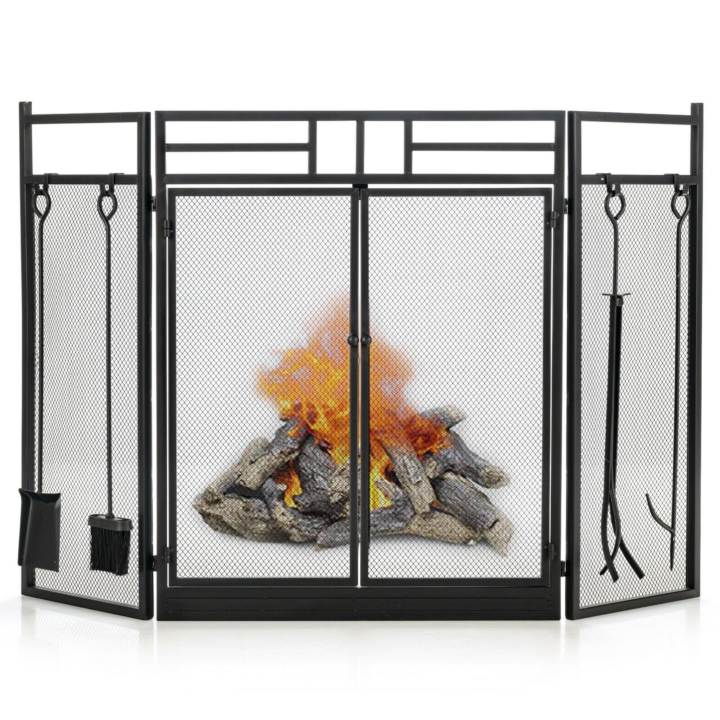 3-Panel Wrought Iron Fireplace Screen, 4 Tools Set, Black Fireplace Tools at Gallery Canada