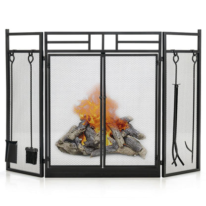 3-Panel Wrought Iron Fireplace Screen, 4 Tools Set, Black Fireplace Tools at Gallery Canada