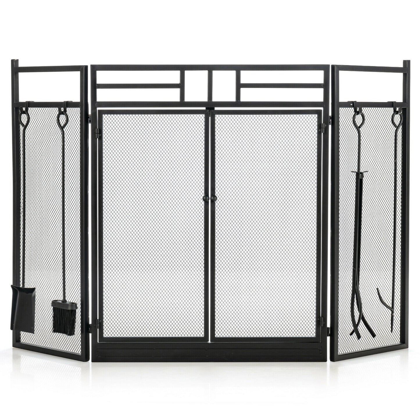 3-Panel Wrought Iron Fireplace Screen, 4 Tools Set, Black Fireplace Tools at Gallery Canada