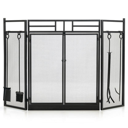 3-Panel Wrought Iron Fireplace Screen, 4 Tools Set, Black Fireplace Tools at Gallery Canada