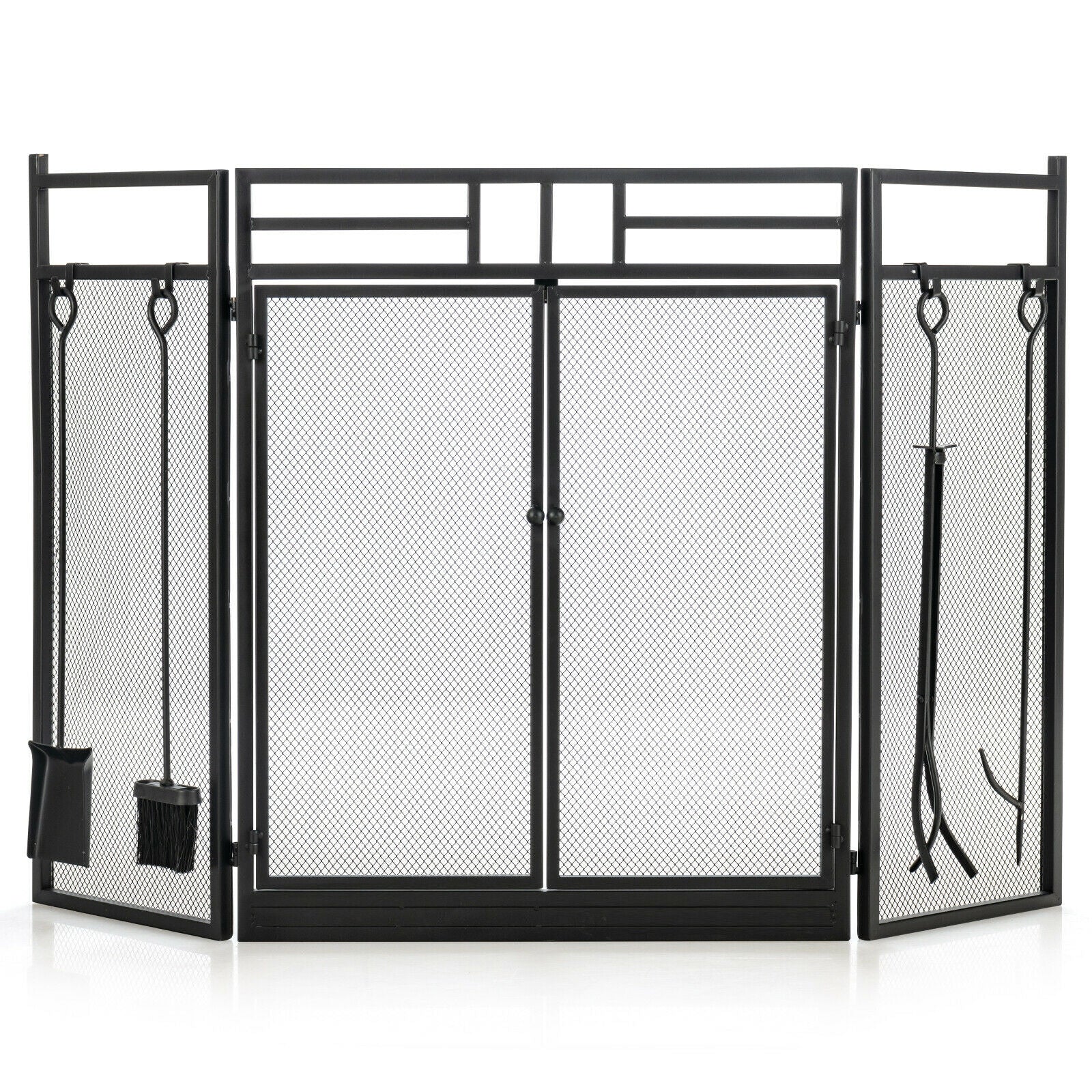 3-Panel Wrought Iron Fireplace Screen, 4 Tools Set, Black Fireplace Tools Black at Gallery Canada