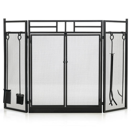 3-Panel Wrought Iron Fireplace Screen, 4 Tools Set, Black