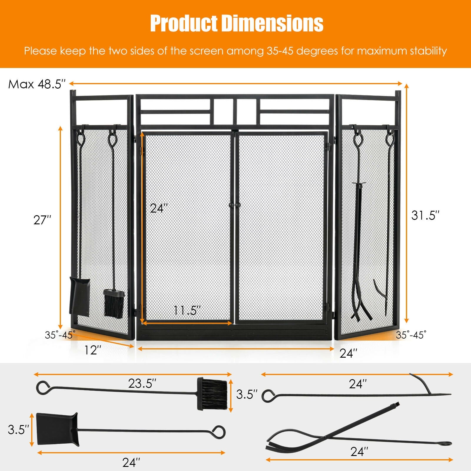 3-Panel Wrought Iron Fireplace Screen, 4 Tools Set, Black Fireplace Tools at Gallery Canada