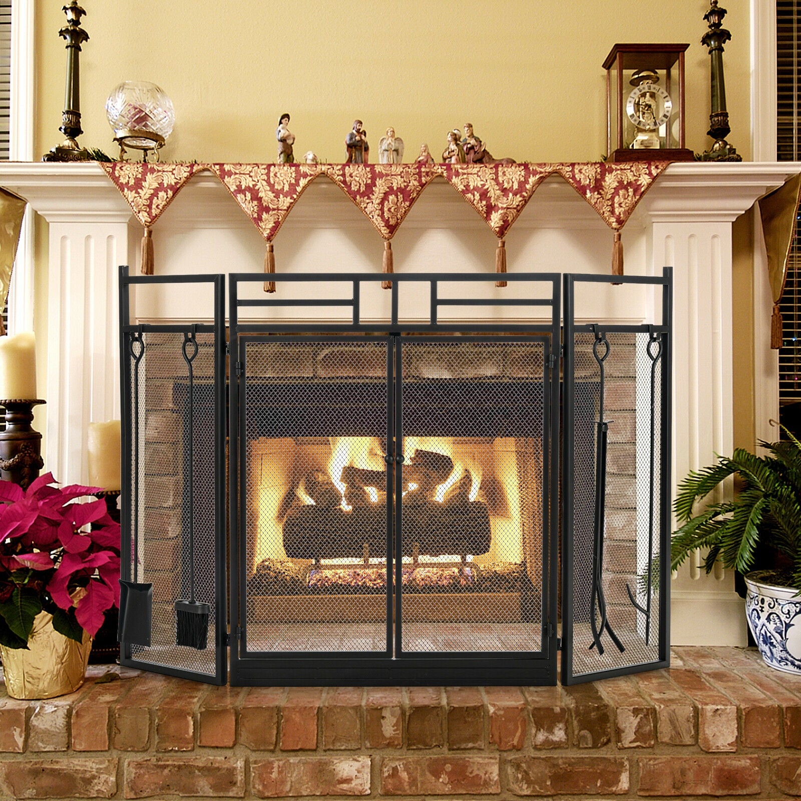 3-Panel Wrought Iron Fireplace Screen, 4 Tools Set, Black Fireplace Tools at Gallery Canada