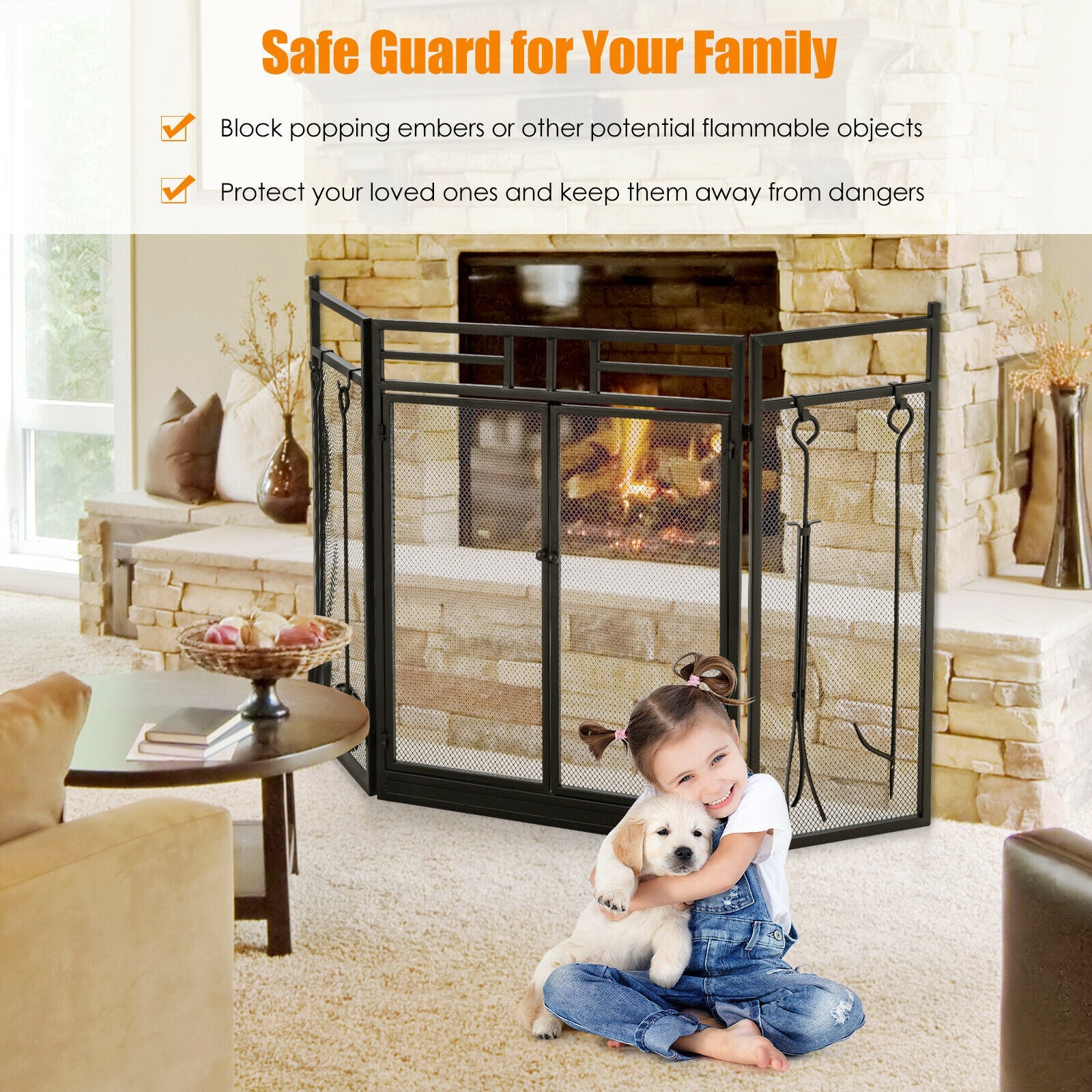 3-Panel Wrought Iron Fireplace Screen, 4 Tools Set, Black Fireplace Tools at Gallery Canada