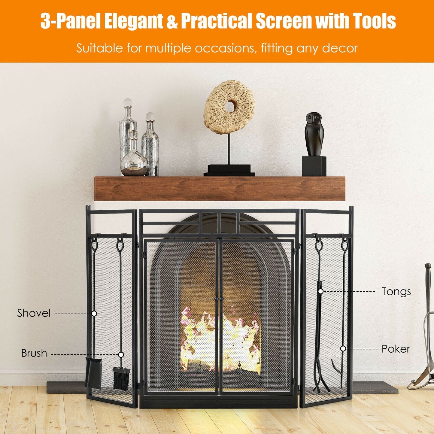 3-Panel Wrought Iron Fireplace Screen, 4 Tools Set, Black Fireplace Tools at Gallery Canada