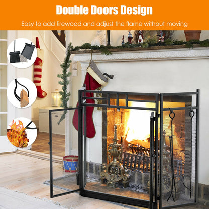 3-Panel Wrought Iron Fireplace Screen, 4 Tools Set, Black Fireplace Tools at Gallery Canada