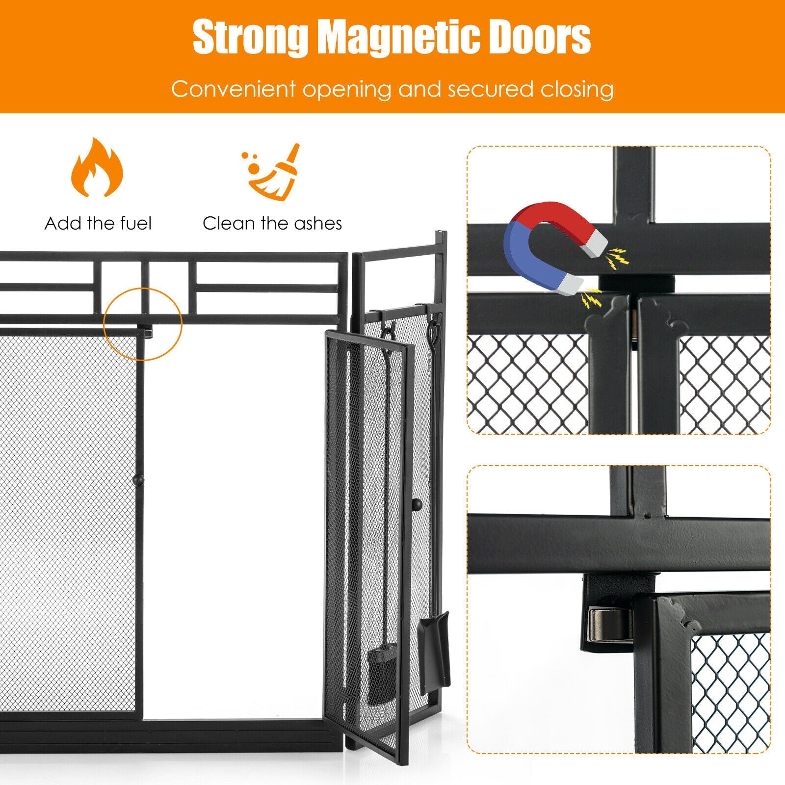 3-Panel Wrought Iron Fireplace Screen, 4 Tools Set, Black Fireplace Tools at Gallery Canada