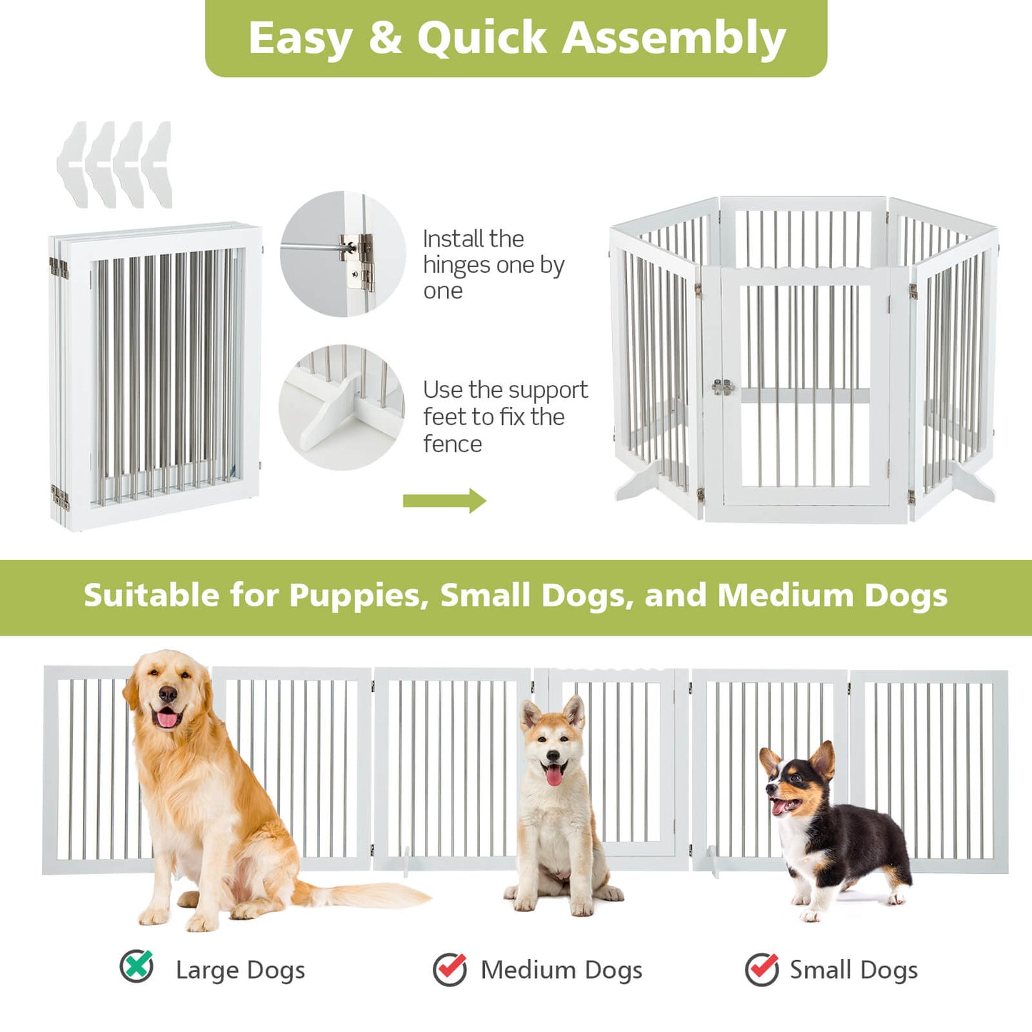 Barrière pour chien autoportante à 6 panneaux, pour escaliers, blanche