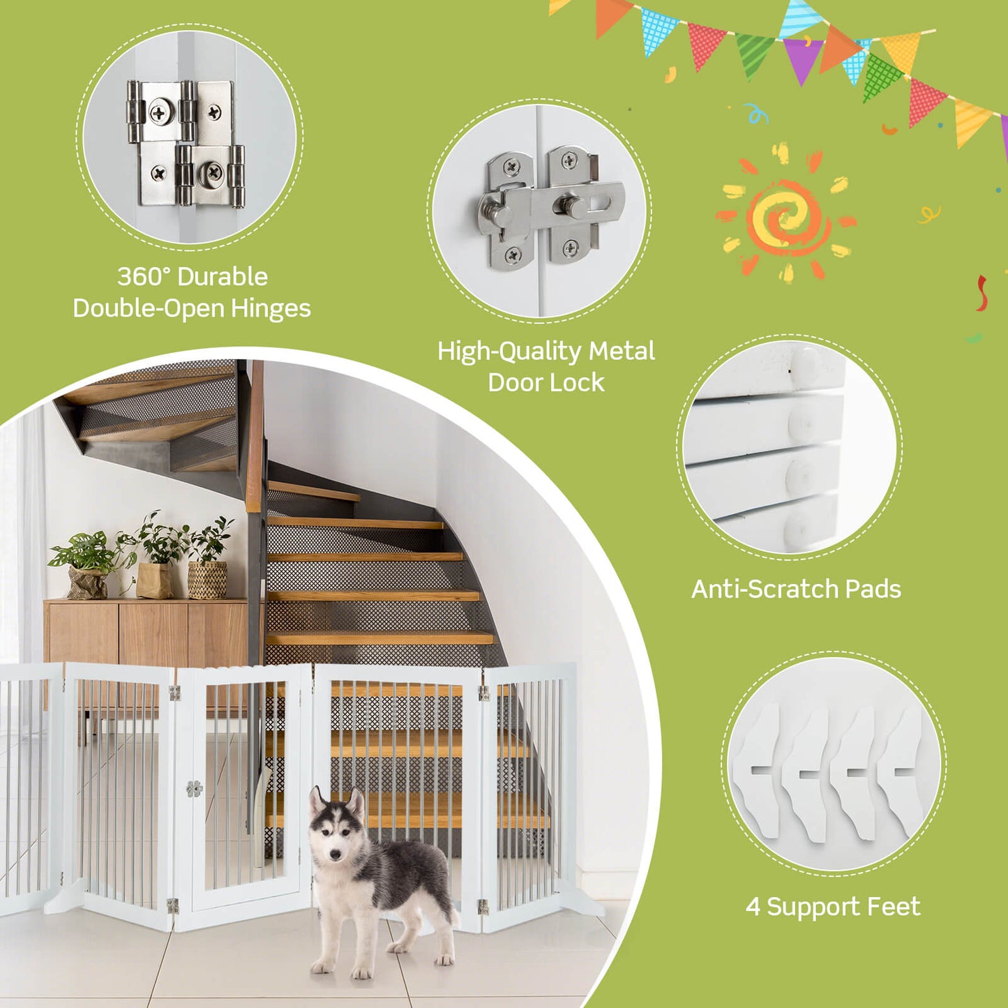 Barrière pour chien autoportante à 6 panneaux, pour escaliers, blanche