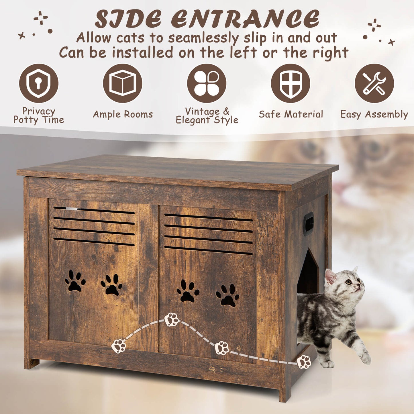 Flip-Top Cat Washroom Bench With Side Entrance, Brown