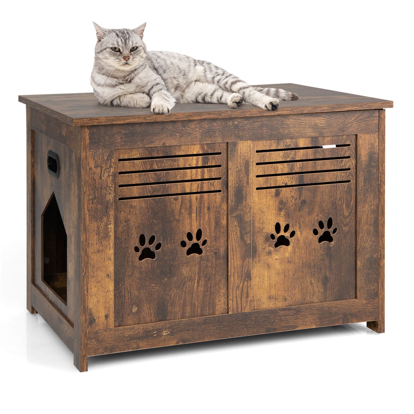 Flip-Top Cat Washroom Bench With Side Entrance, Brown