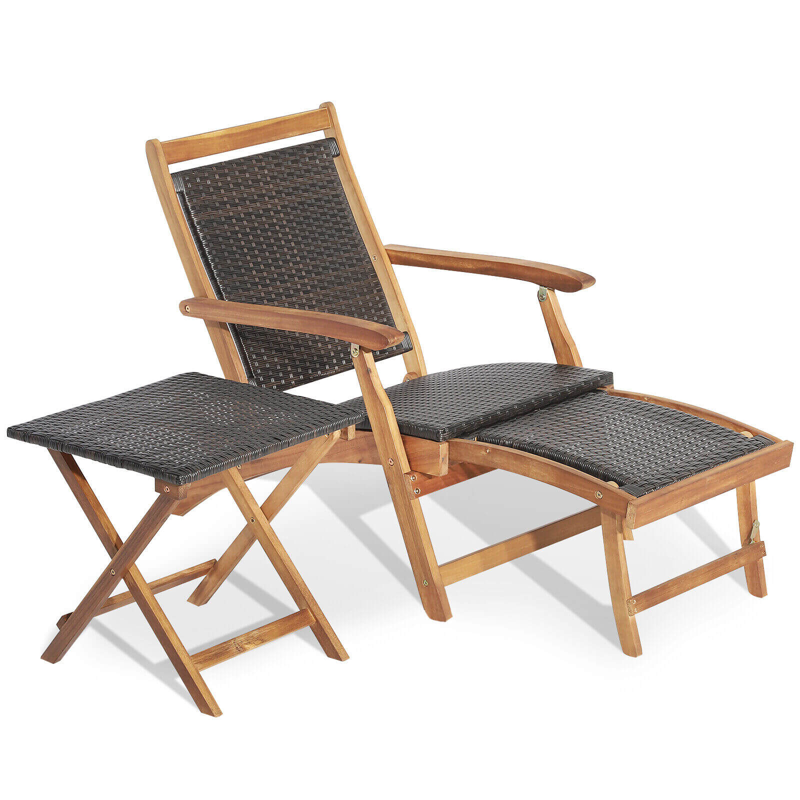 2 Pieces Patio Rattan Folding Lounge Chair with Acacia Wood Table, Brown Outdoor Chaise Lounges at Gallery Canada