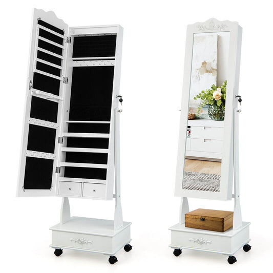 Rolling Floor Standing Mirrored Jewelry Armoire with Lock and Drawers, White Jewelry Armoires White at Gallery Canada