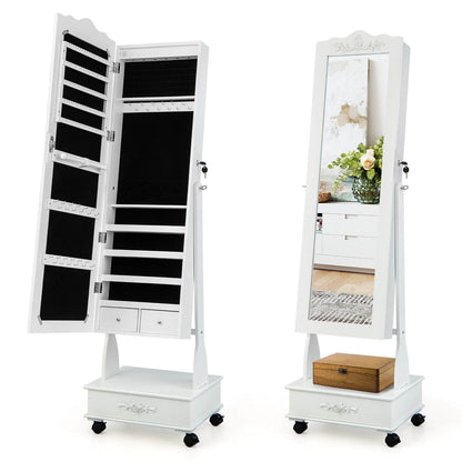 Rolling Floor Standing Mirrored Jewelry Armoire With Lock, Drawers, White Jewelry Armoires at Gallery Canada