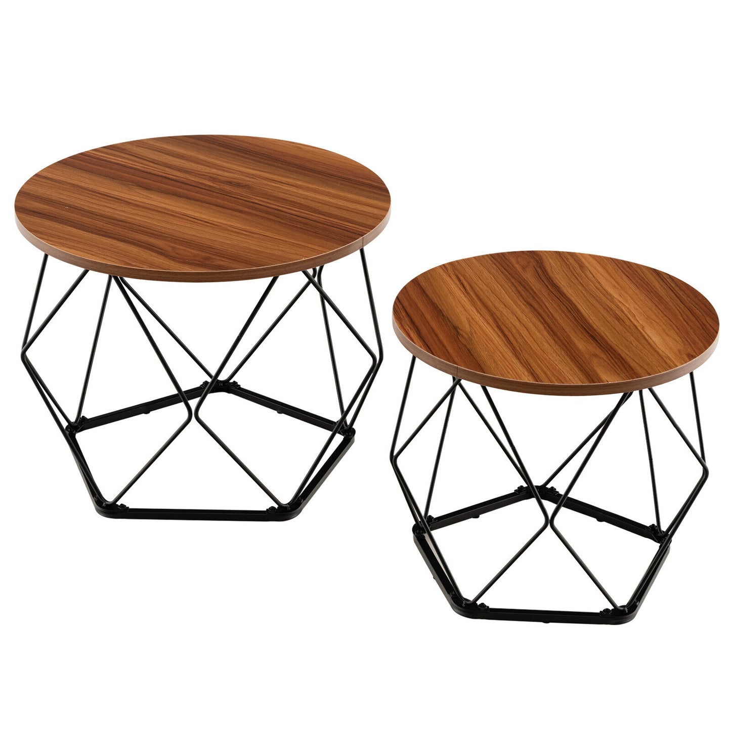 Set of 2 Round Coffee Tables, Pentagonal Base, Rustic Brown