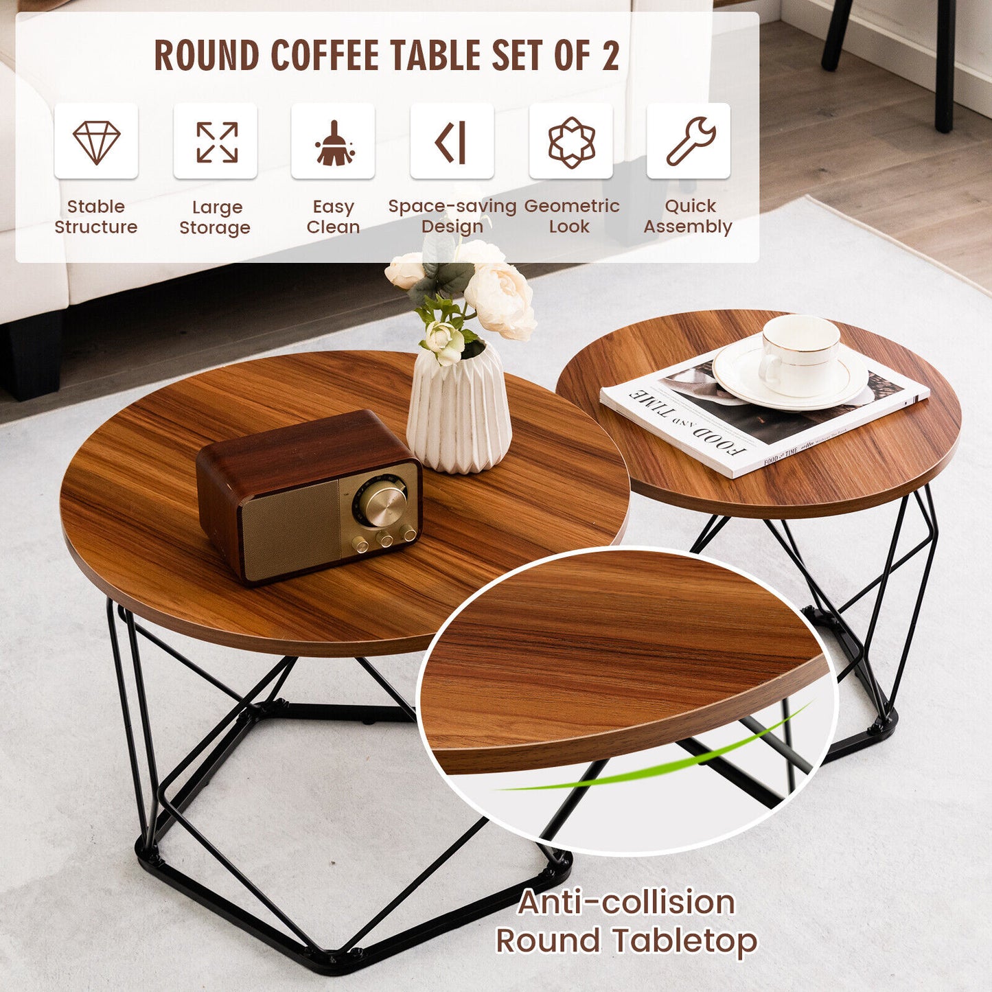 Set of 2 Round Coffee Tables, Pentagonal Base, Rustic Brown