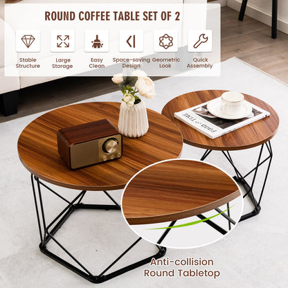 Set of 2 Round Coffee Tables, Pentagonal Base, Rustic Brown
