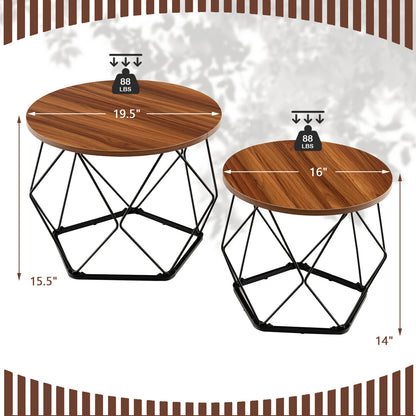 Set of 2 Round Coffee Tables, Pentagonal Base, Rustic Brown