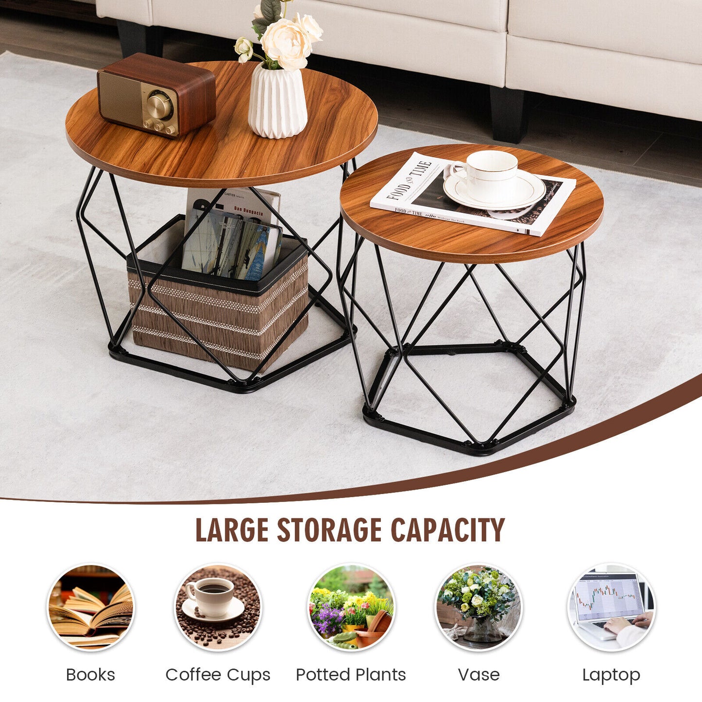 Set of 2 Round Coffee Tables, Pentagonal Base, Rustic Brown