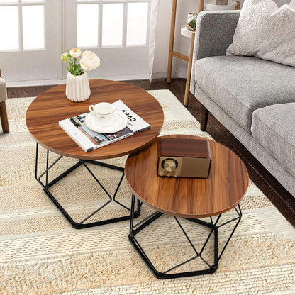 Set of 2 Round Coffee Tables, Pentagonal Base, Rustic Brown