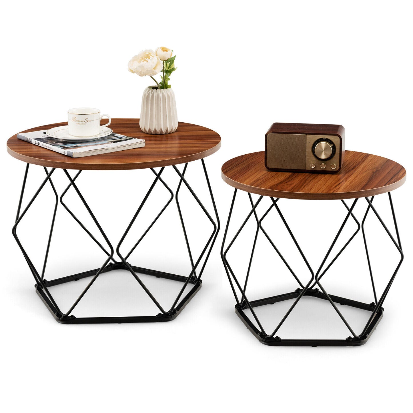 Set of 2 Round Coffee Tables, Pentagonal Base, Rustic Brown