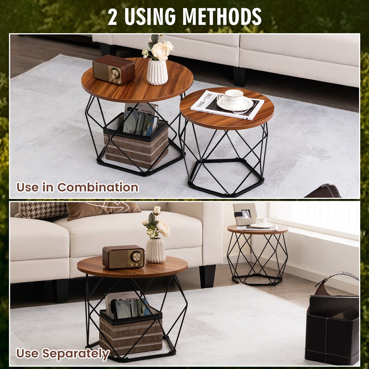 Set of 2 Round Coffee Tables, Pentagonal Base, Rustic Brown
