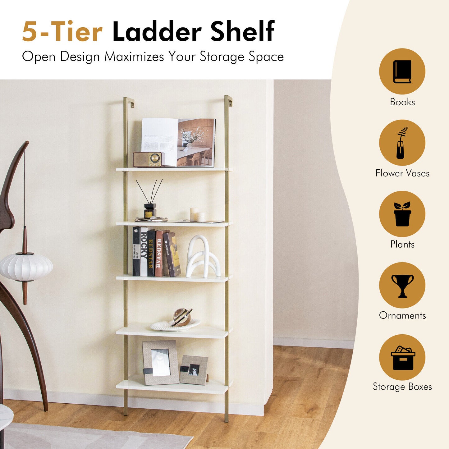 5-Tier Ladder Shelf Wall-Mounted Bookcase, Golden