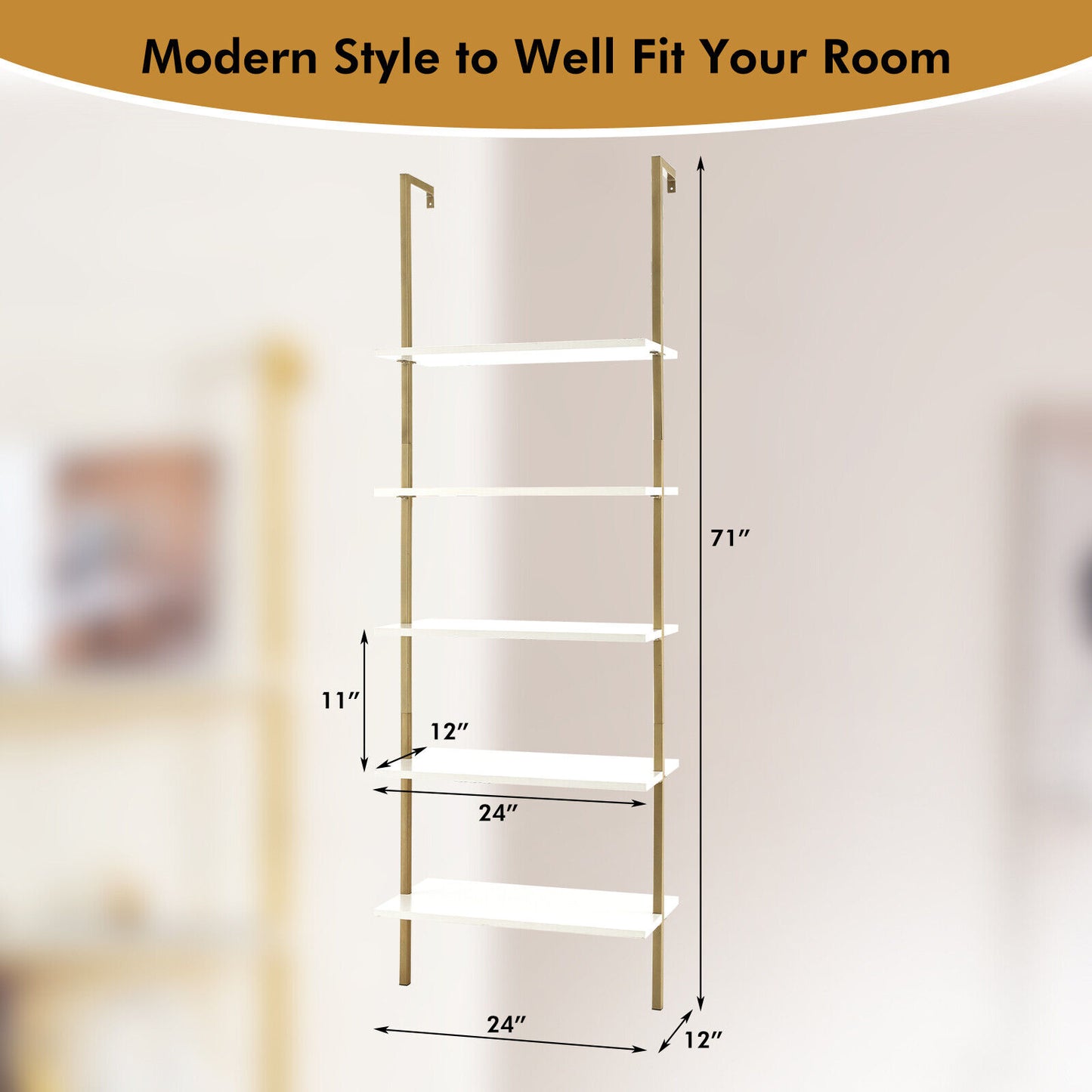 5-Tier Ladder Shelf Wall-Mounted Bookcase, Golden