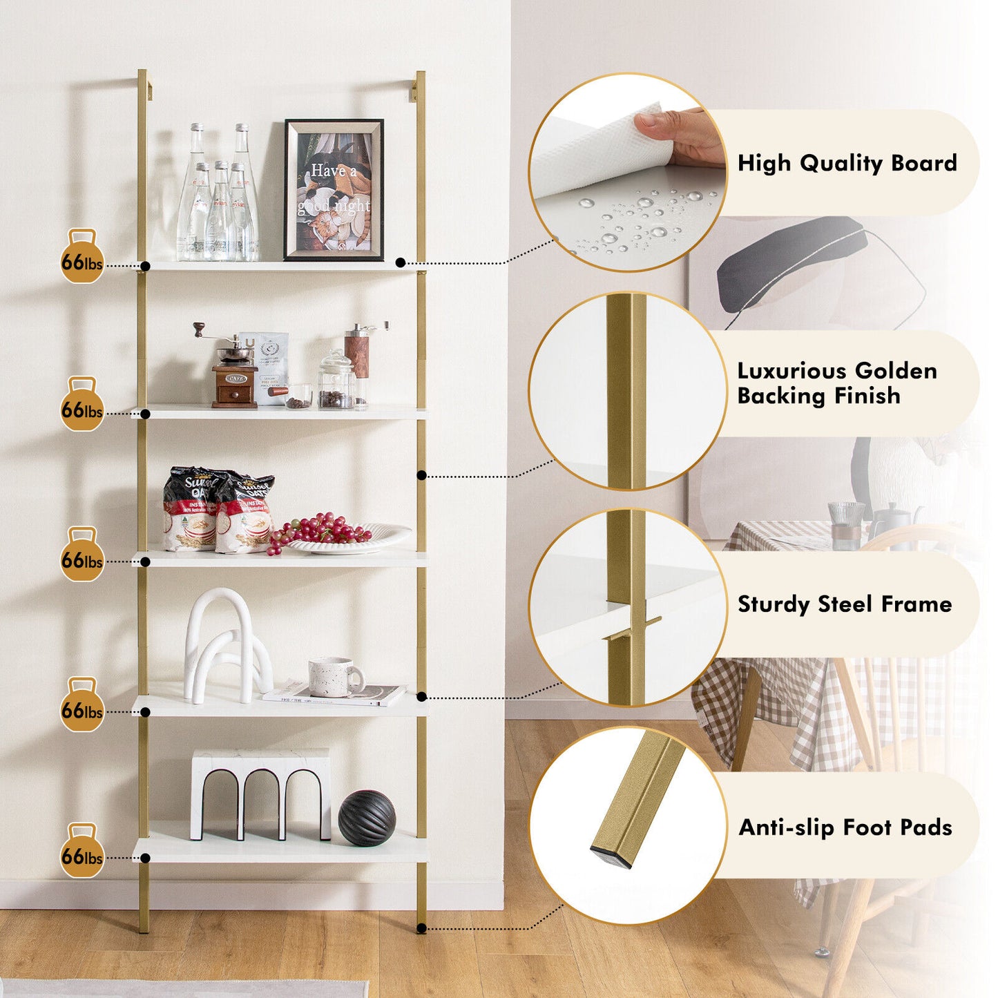 5-Tier Ladder Shelf Wall-Mounted Bookcase, Golden
