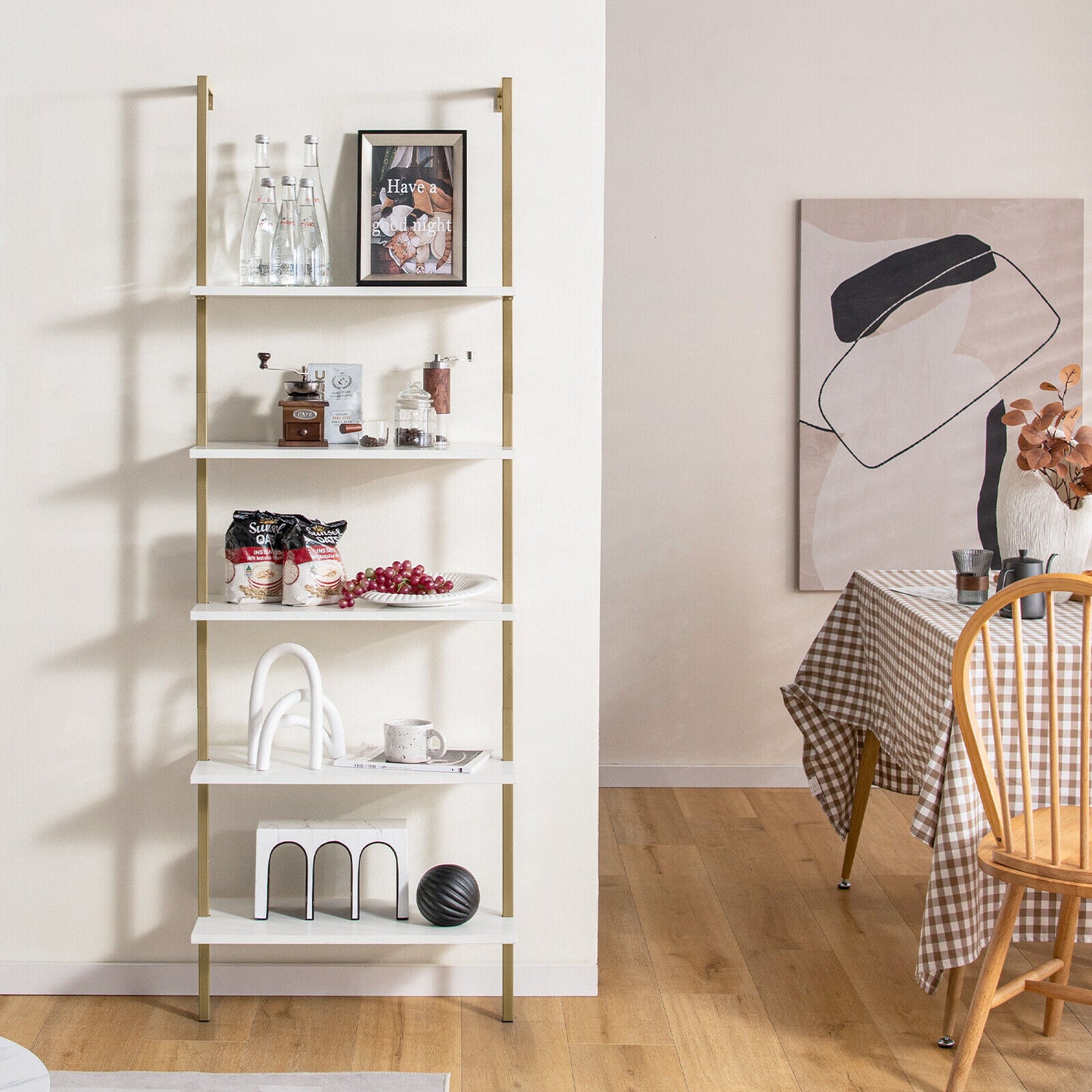 5-Tier Ladder Shelf Wall-Mounted Bookcase, Golden
