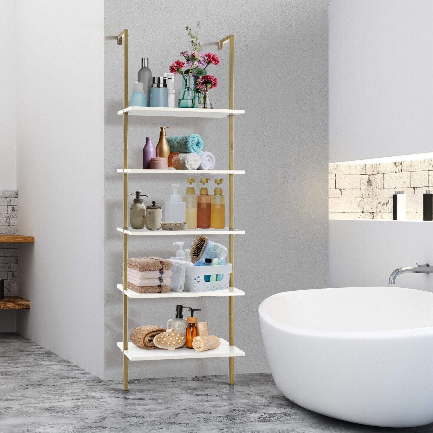 5-Tier Ladder Shelf Wall-Mounted Bookcase, Golden