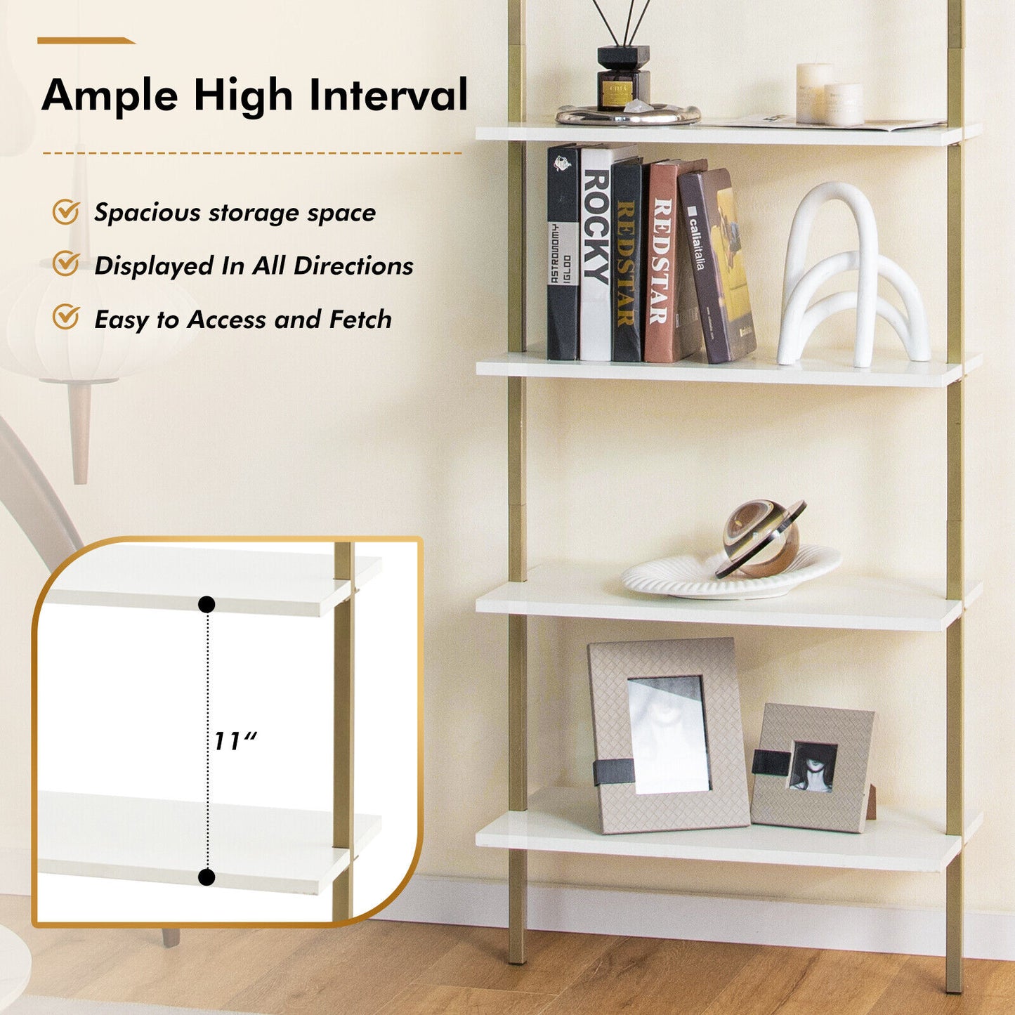 5-Tier Ladder Shelf Wall-Mounted Bookcase, Golden