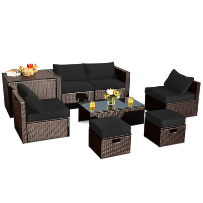 8 Piece Patio Rattan Furniture Set With Storage Box, Waterproof Cover, Black Outdoor Sectionals Black at Gallery Canada