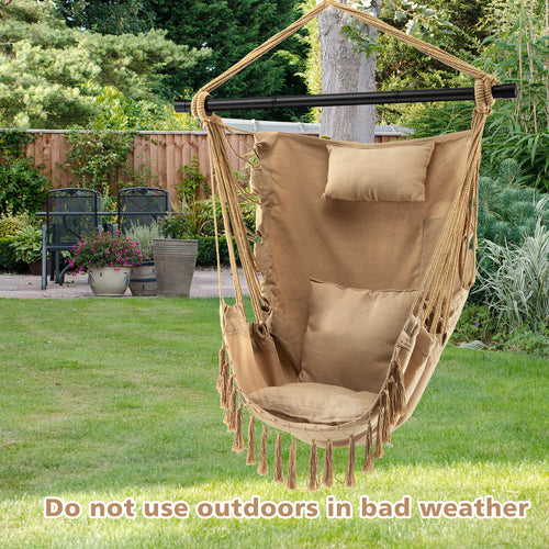 Hanging Rope Swing Chair with Soft Pillow and Cushions, Beige