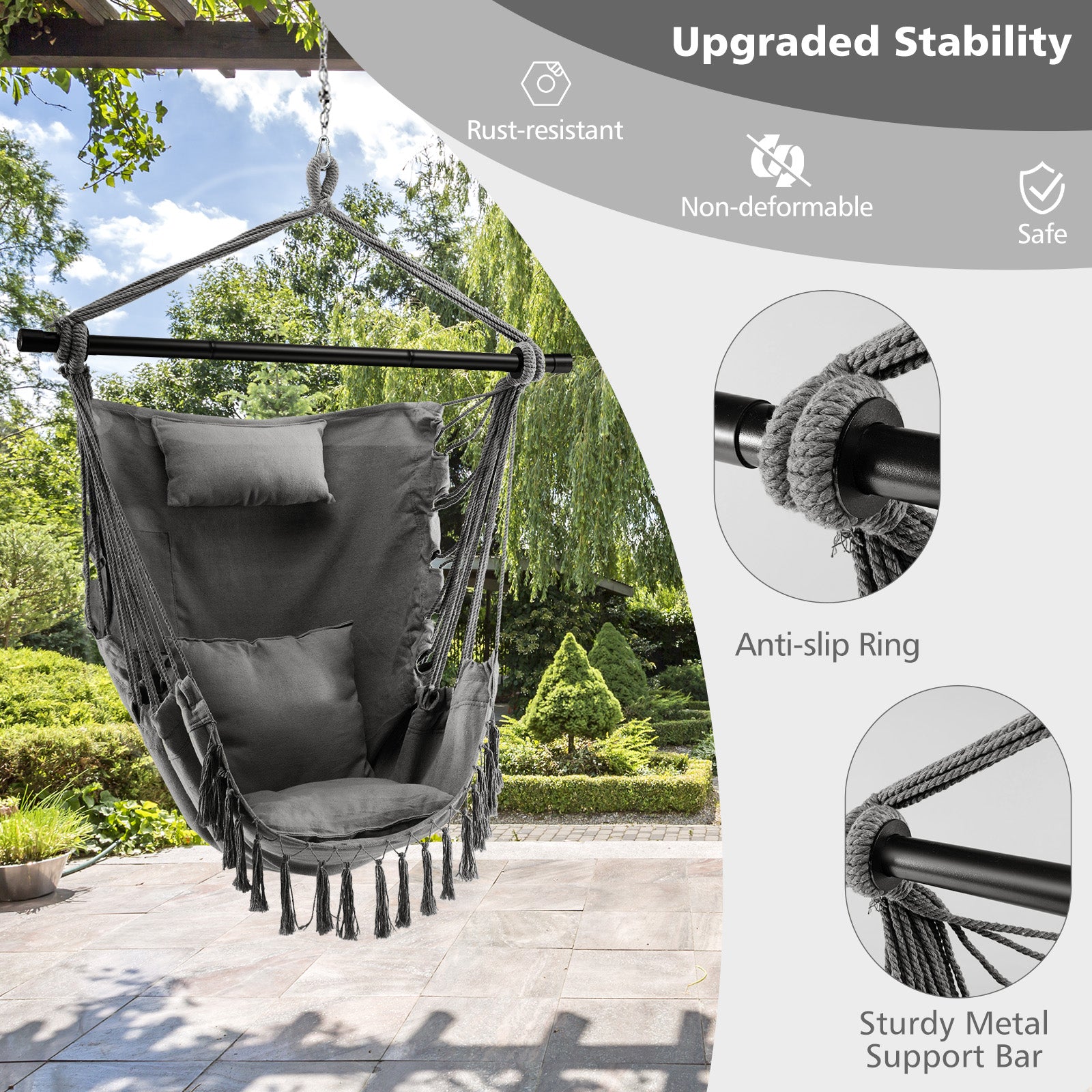 Hanging Rope Swing Chair with Soft Pillow and Cushions, Gray Hammocks at Gallery Canada