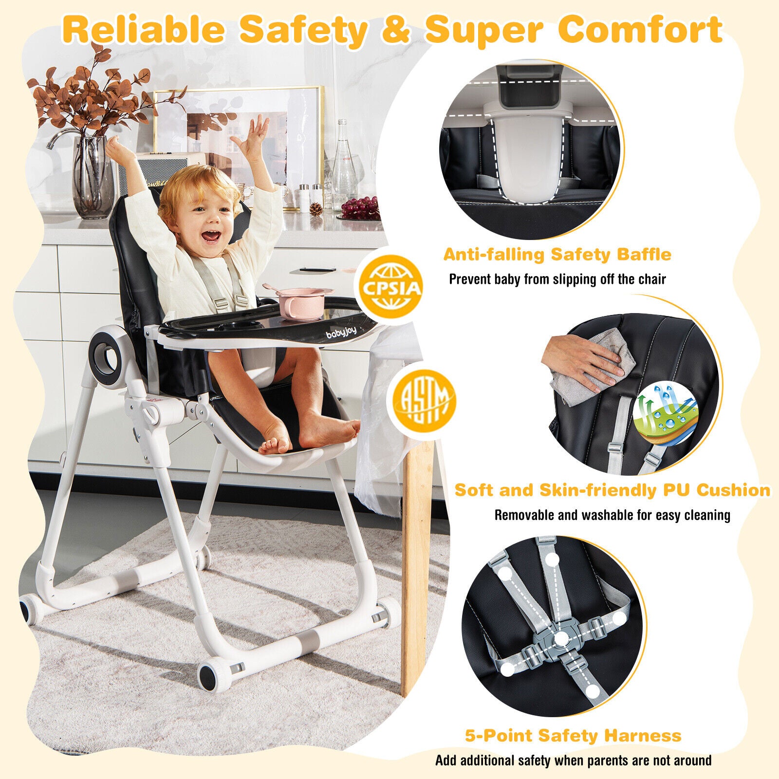 Baby High Chair Foldable Feeding Chair with 4 Lockable Wheels, Black High Chairs at Gallery Canada