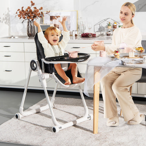Baby High Chair Foldable Feeding Chair with 4 Lockable Wheels, Black