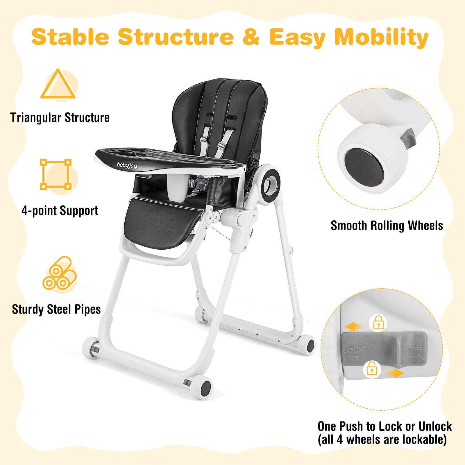 Baby High Chair Foldable Feeding Chair with 4 Lockable Wheels, Black High Chairs at Gallery Canada