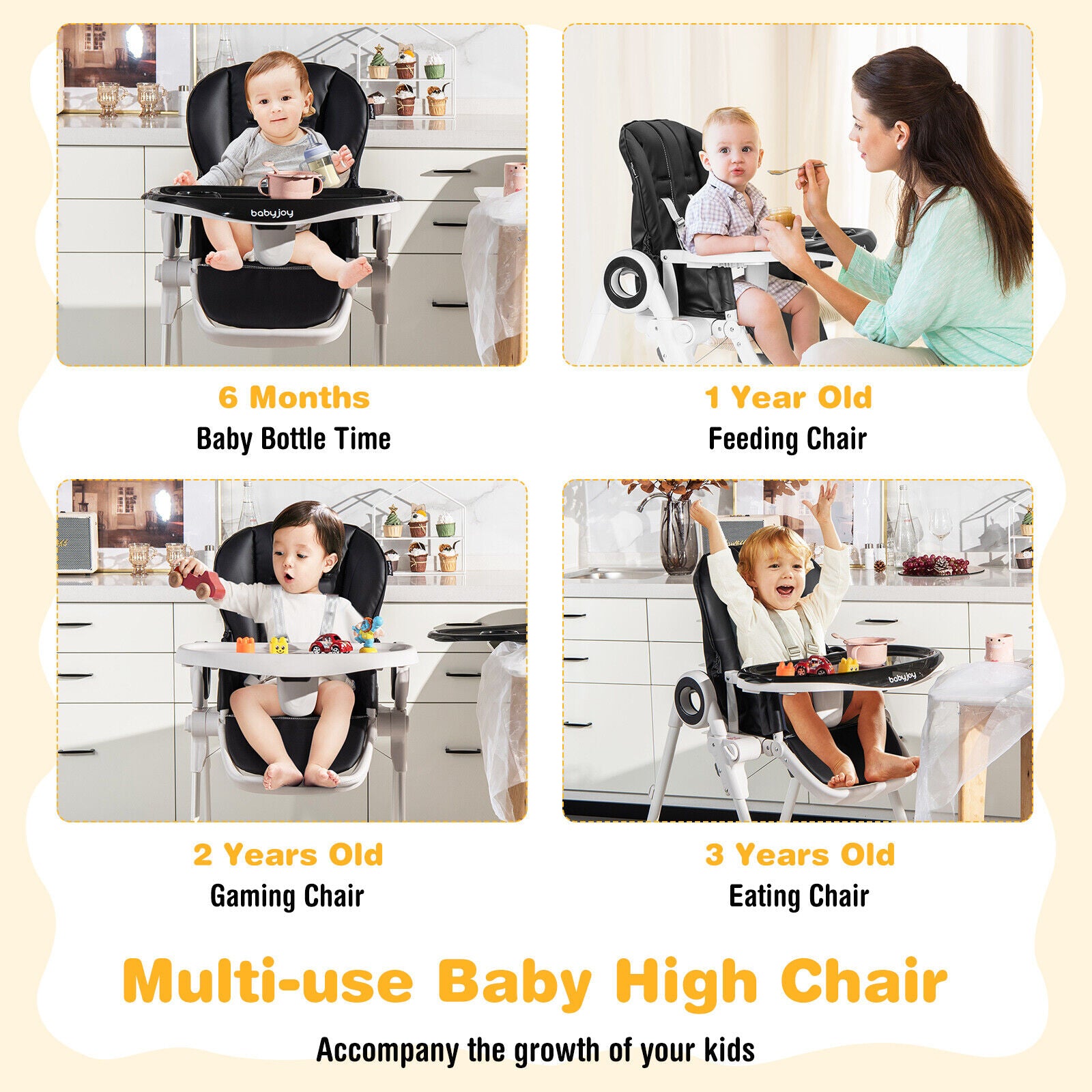 Baby High Chair Foldable Feeding Chair with 4 Lockable Wheels, Black High Chairs at Gallery Canada
