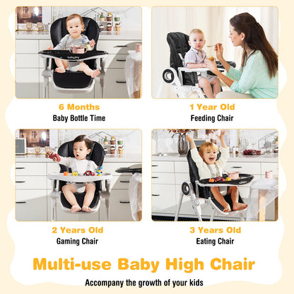 Baby High Chair Foldable Feeding Chair with 4 Lockable Wheels, Black High Chairs at Gallery Canada
