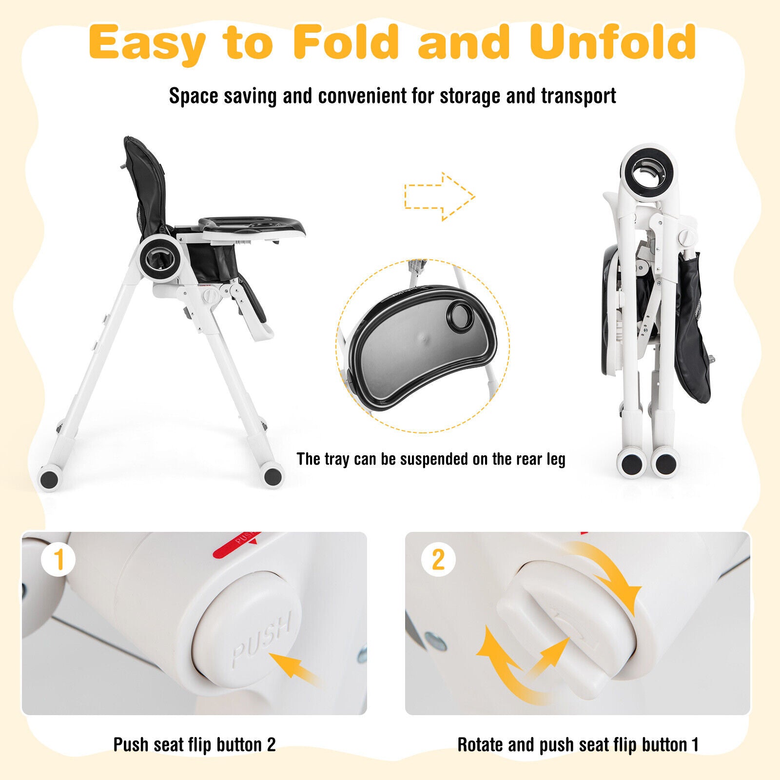 Baby High Chair Foldable Feeding Chair with 4 Lockable Wheels, Black High Chairs at Gallery Canada