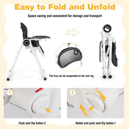 Baby High Chair Foldable Feeding Chair with 4 Lockable Wheels, Black High Chairs at Gallery Canada