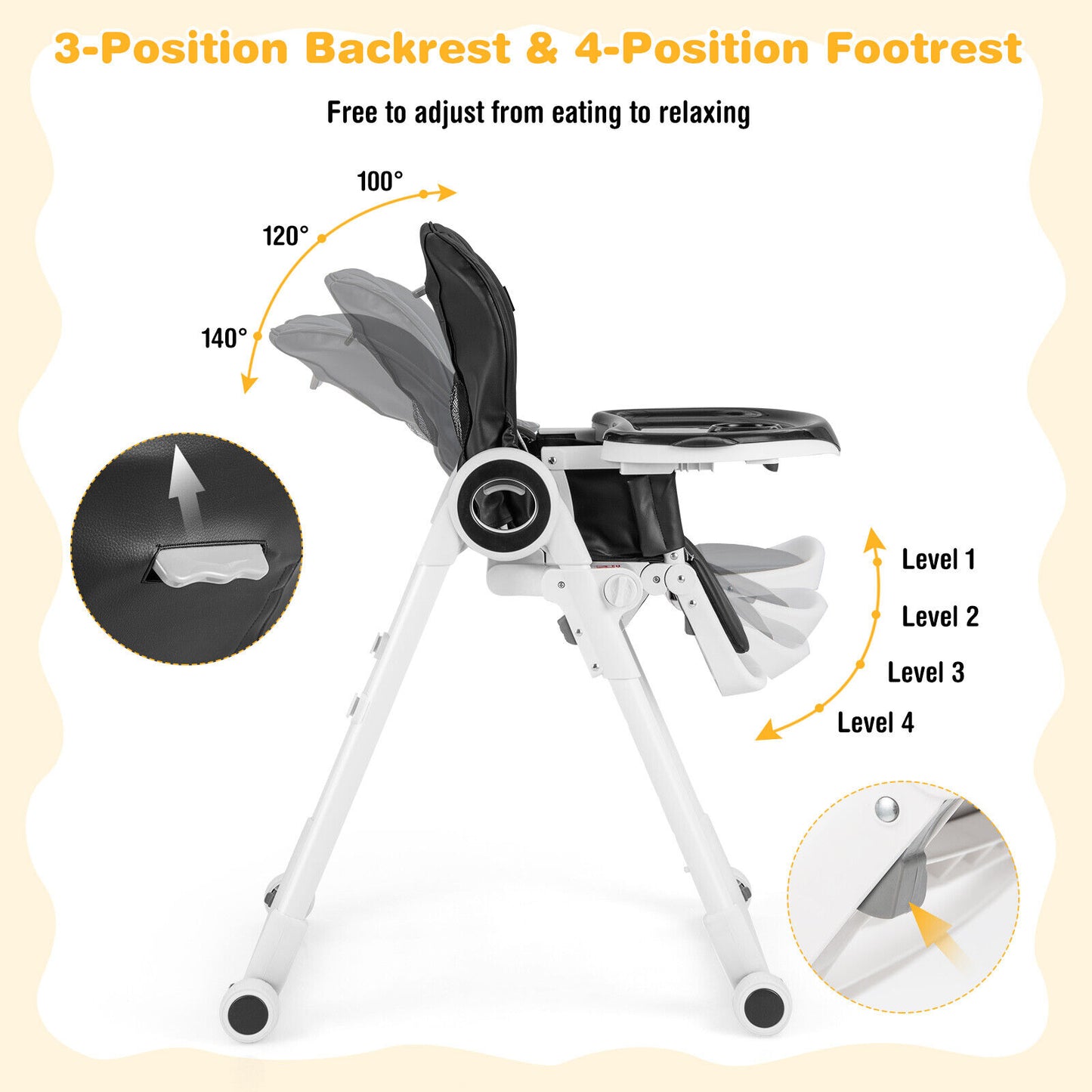 Baby High Chair Foldable Feeding Chair with 4 Lockable Wheels, Black High Chairs at Gallery Canada