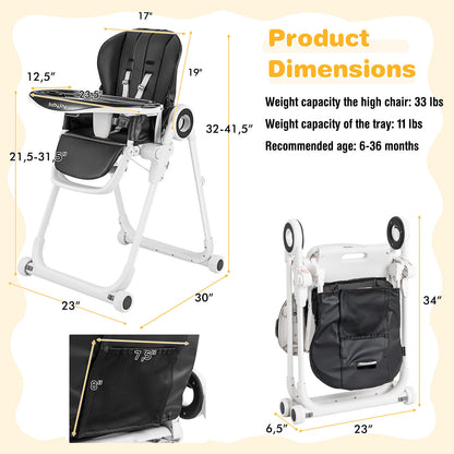 Baby High Chair Foldable Feeding Chair with 4 Lockable Wheels, Black High Chairs at Gallery Canada