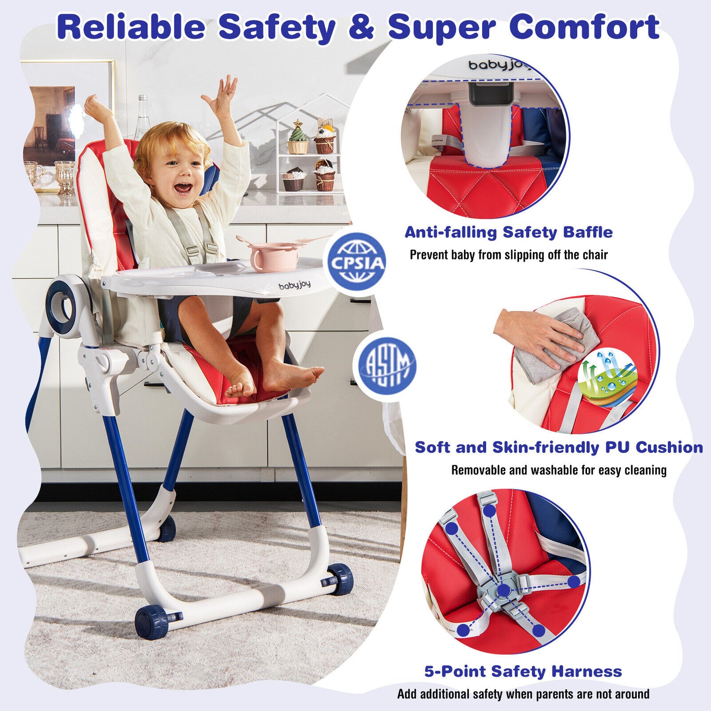 Baby High Chair Foldable Feeding Chair with 4 Lockable Wheels, Red High Chairs at Gallery Canada