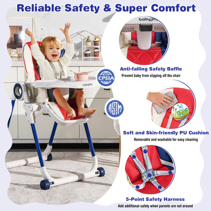 Baby High Chair Foldable Feeding Chair with 4 Lockable Wheels, Red High Chairs at Gallery Canada