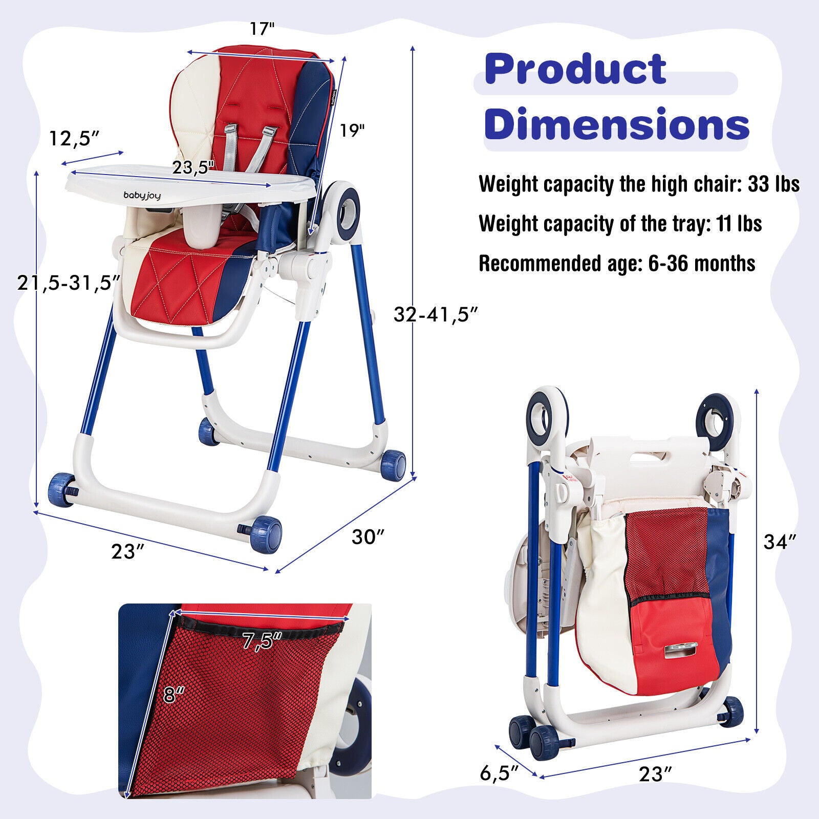 Baby High Chair Foldable Feeding Chair with 4 Lockable Wheels, Red High Chairs at Gallery Canada